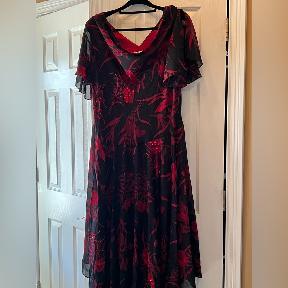 Black and red, handkerchief hem dress.